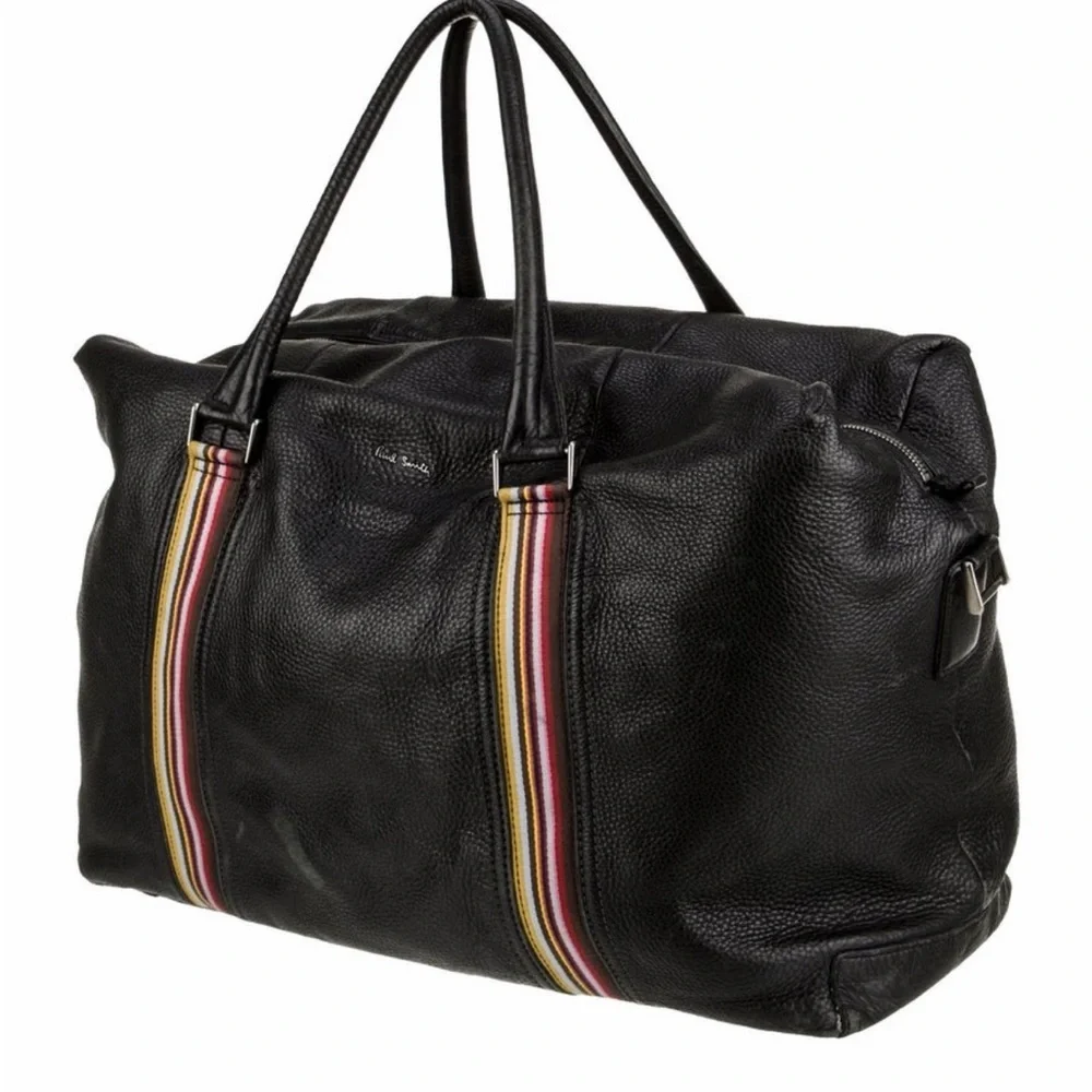 Paul Smith Black Leather Weekender Bag with Multicolor signature strip